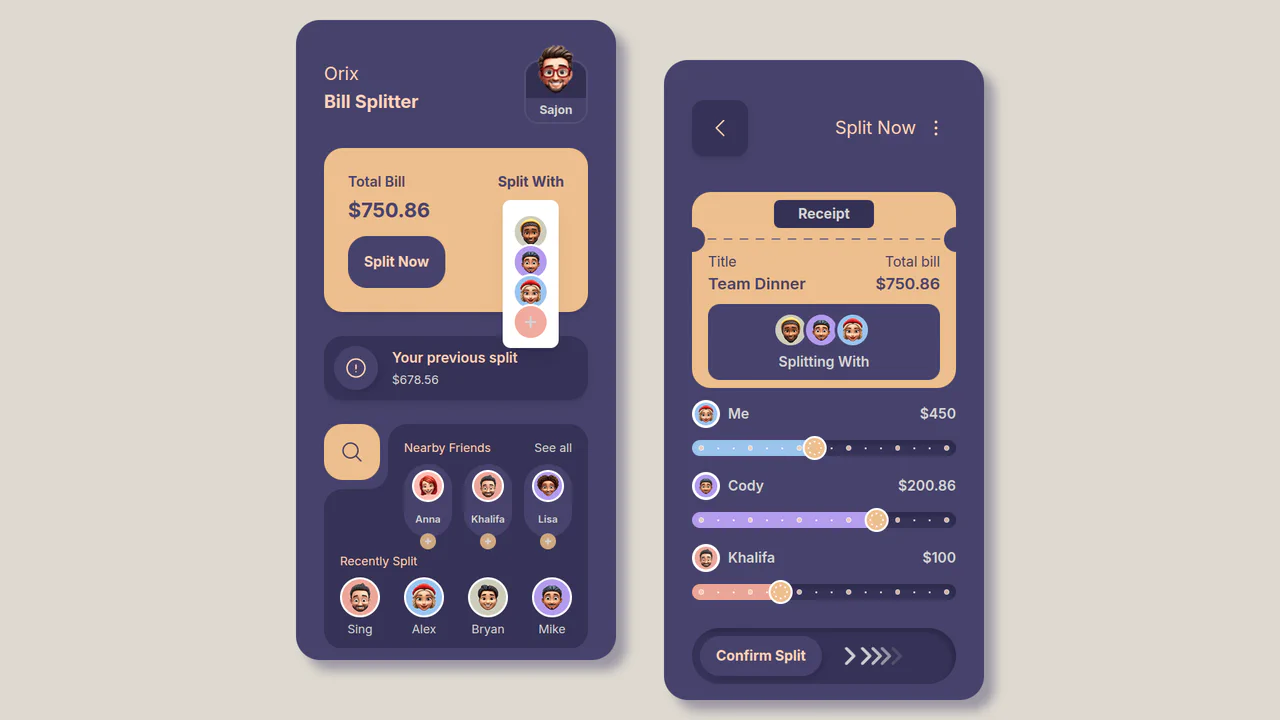 Bill Splitter App UI with React and Tailwind
