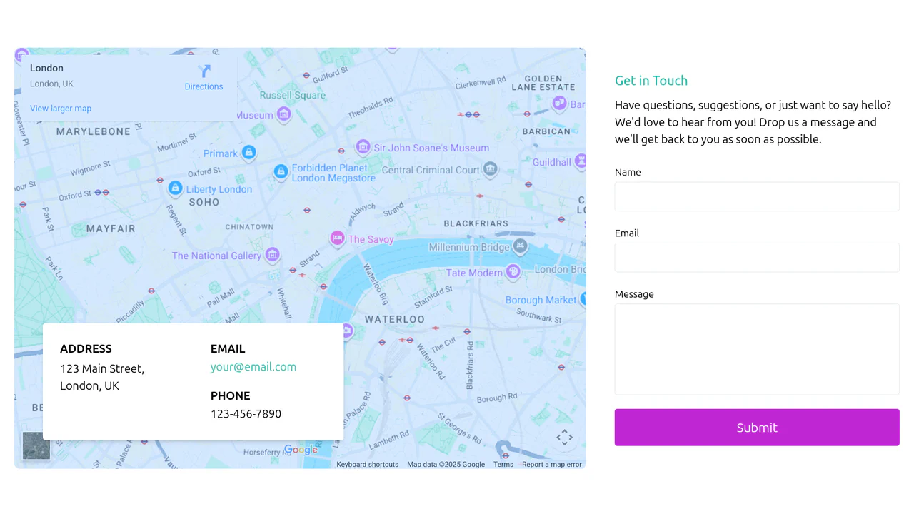 Tailwind CSS Styled Google Map with Contact Form