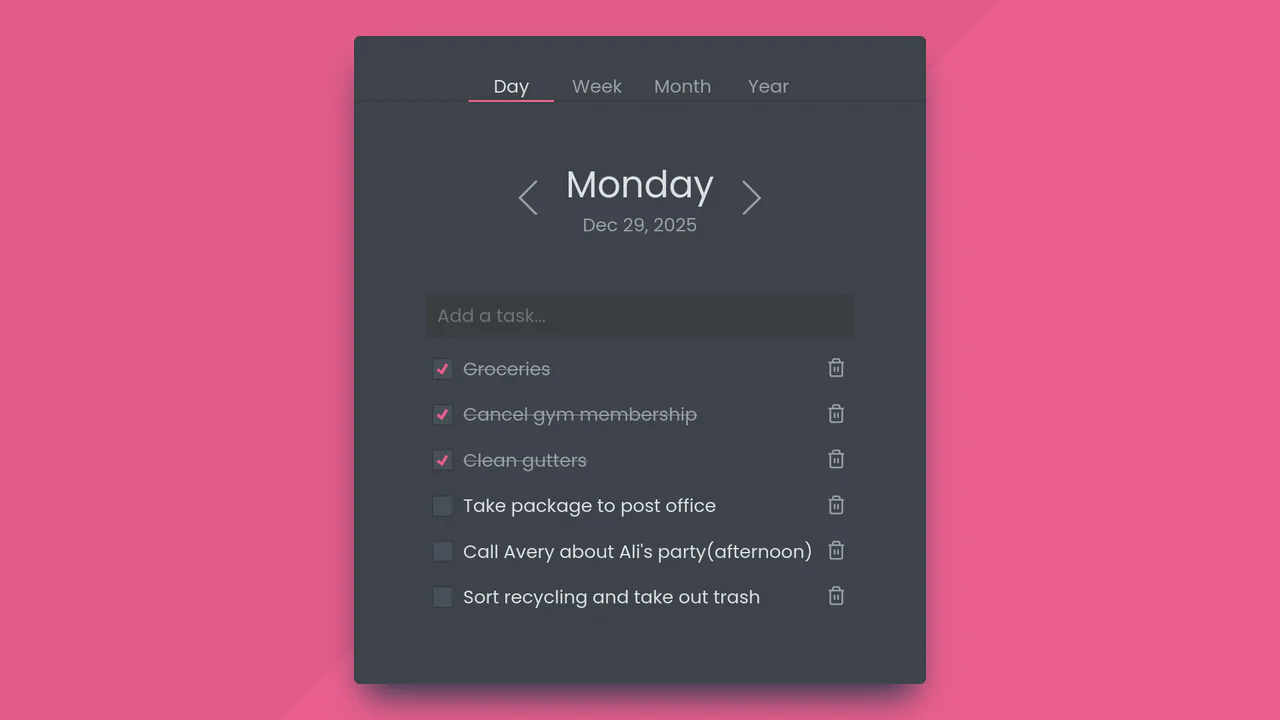 Dark-themed Vue.js to-do list with smooth animations for adding and removing tasks.