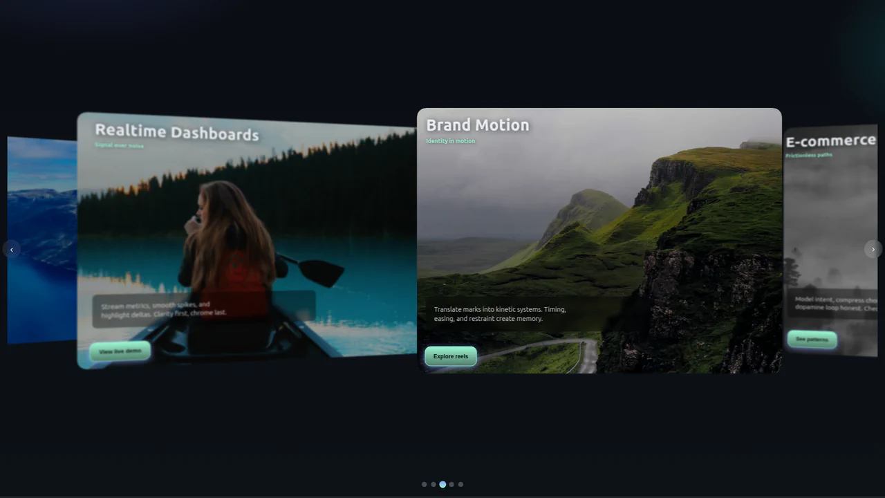 Interactive 3D carousel slider featuring layered parallax depth, glassmorphic cards, mouse-guided tilt physics, and keyboard navigation.