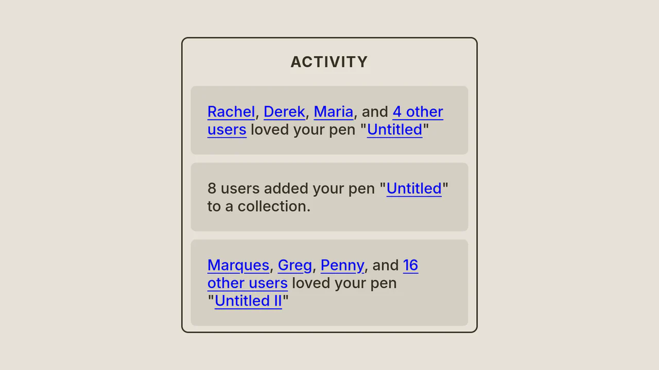 An animated notification button that expands into a full panel with a list of activity cards.
