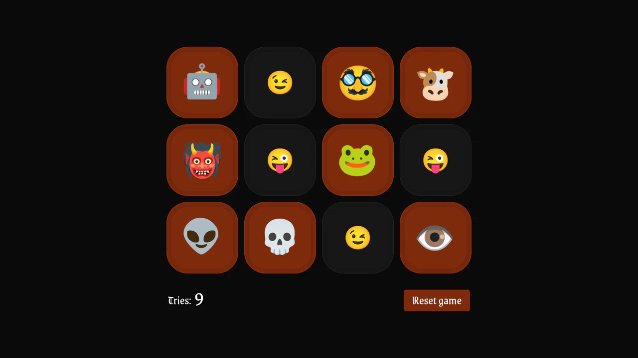Memory matching card game built with semantic HTML buttons, interactive peek-a-boo emoji masks, custom linear-easing animations, and accessible ARIA states.