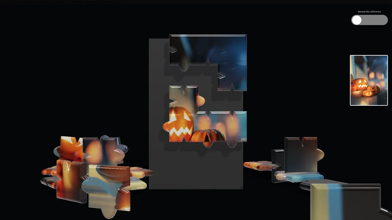Interactive WebGL jigsaw puzzle featuring glassmorphic physics-based pieces, real-time board snapping, and a halftone SVG filter overlay preview.