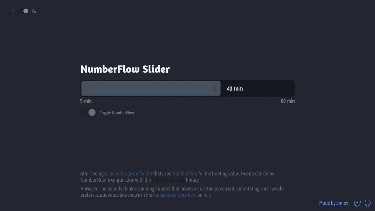 High-fidelity interactive range slider featuring Svelte range pips, a floating self-aligning NumberFlow digit roll indicator, and automated intro animations.