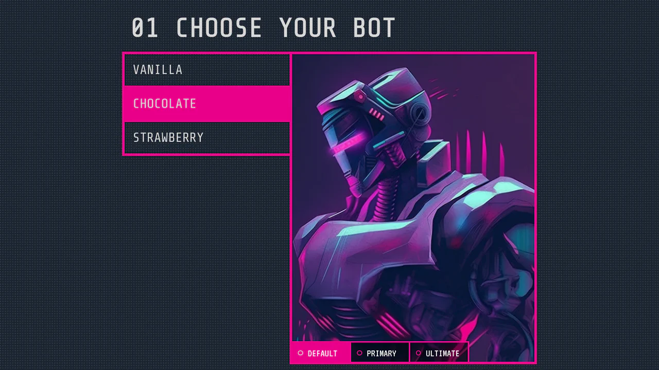 A sci-fi character selection screen using radio buttons to highlight the chosen character.