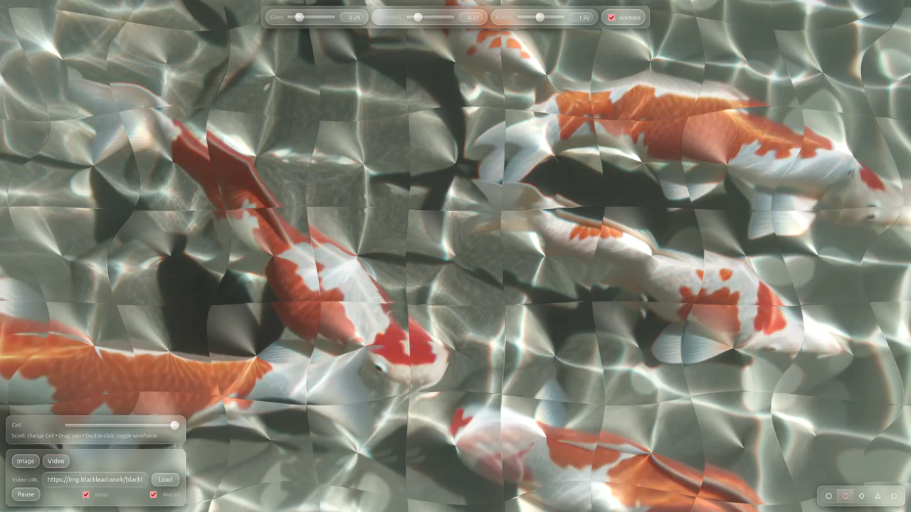 High-performance WebGL glass filter displaying video under procedural cell grids with adjustable refraction, chromatic aberration, and dynamic wave ripples.
