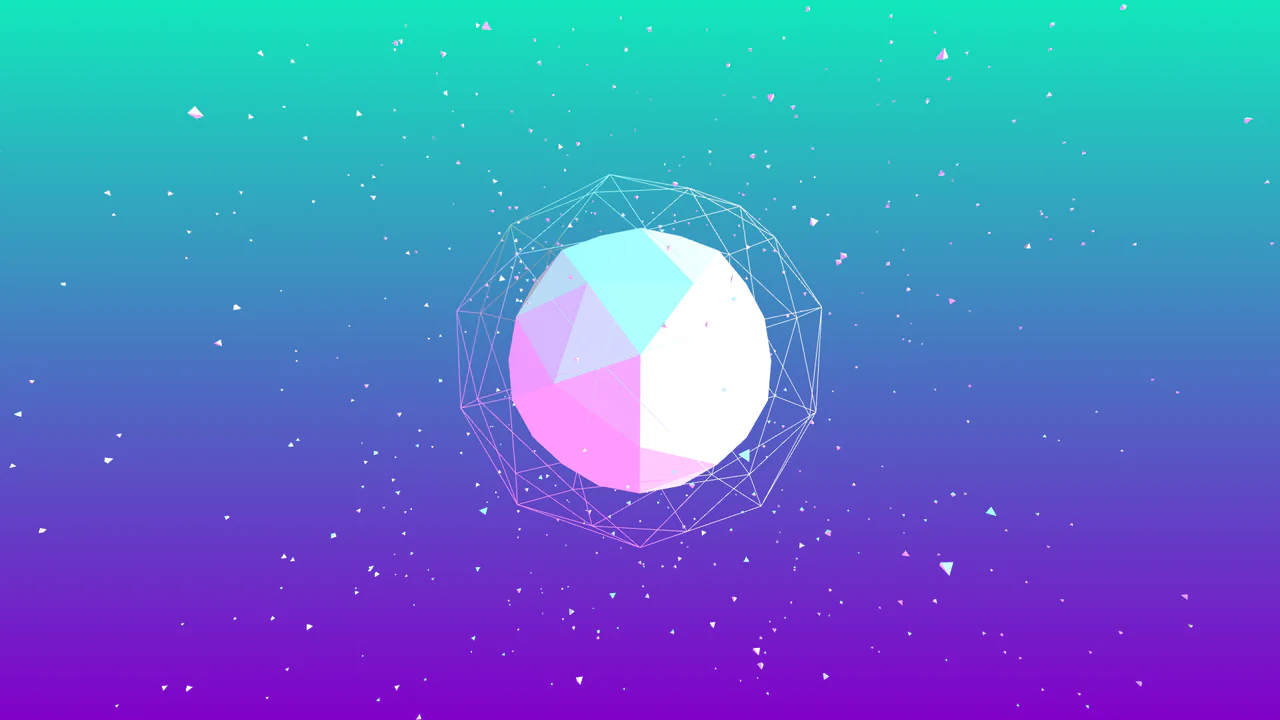 A 3D low-poly planet rendered with Three.js, featuring rotating layers of a solid core, a wireframe shell, and a particle cloud.
