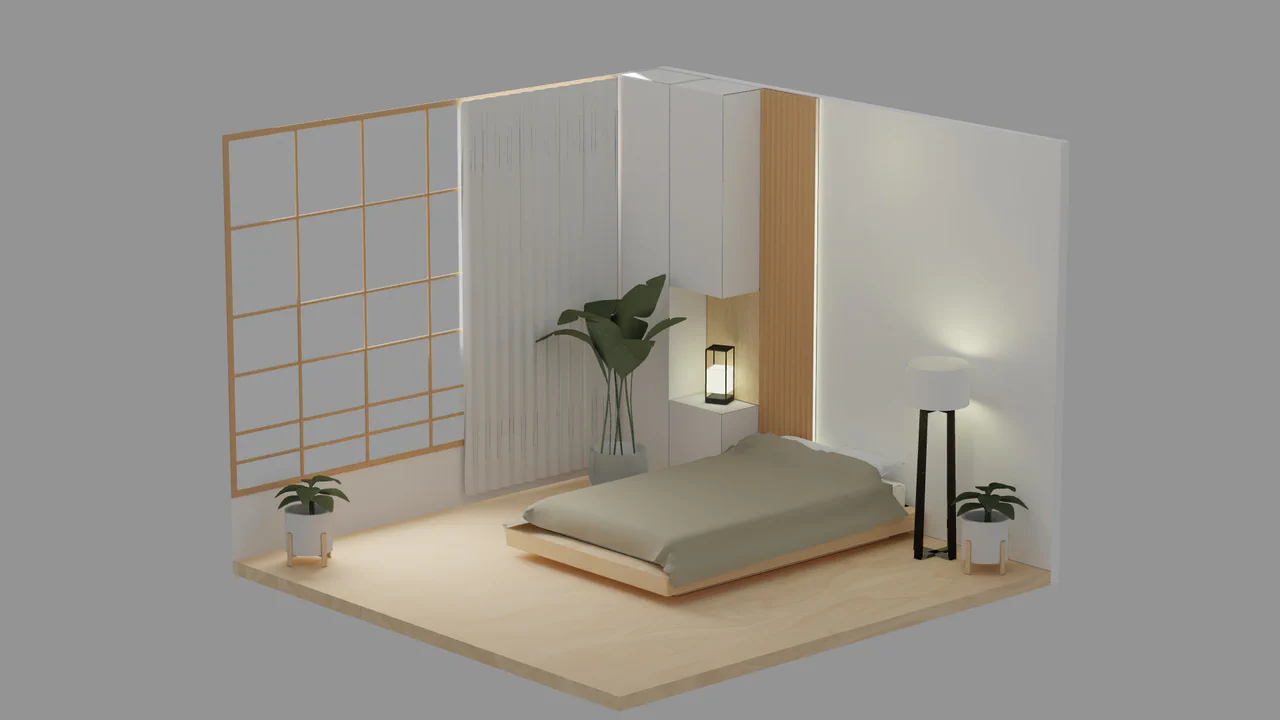 An interactive 3D diorama of a cartoon-style room rendered with Three.js.