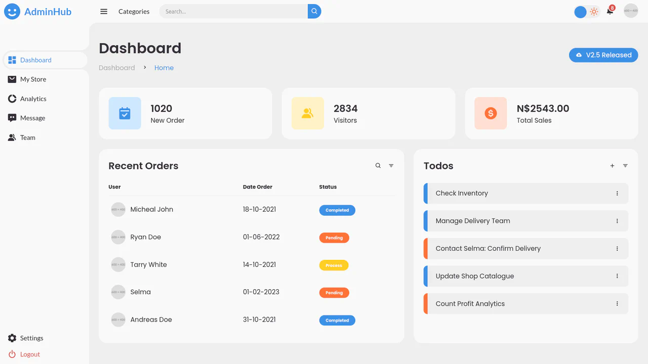 A clean and responsive admin dashboard layout with a collapsible sidebar and dark mode toggle.