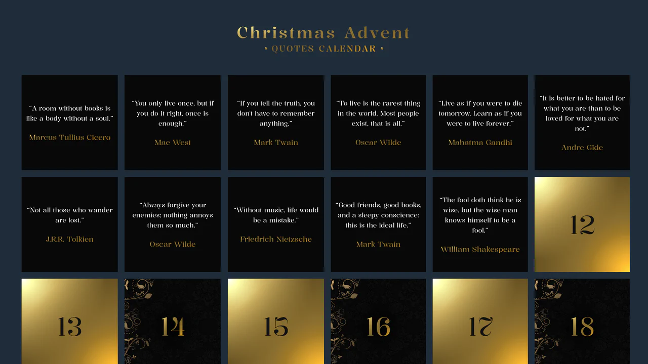 An interactive Advent calendar with 25 cards that flip to reveal quotes.