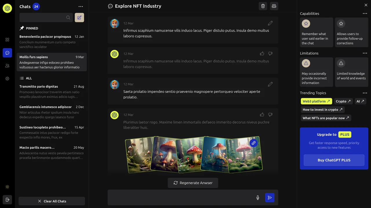 A redesign concept of the ChatGPT interface with a modern dark theme, built with React and Tailwind CSS.