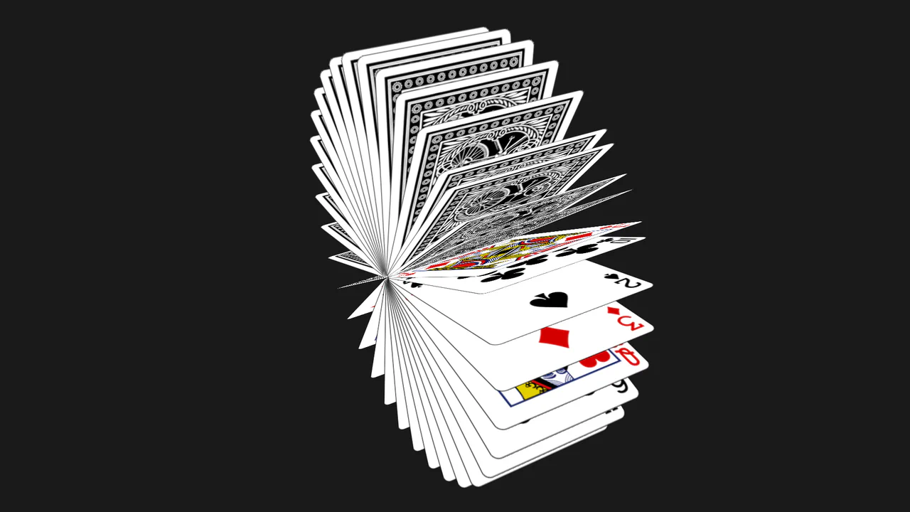 A 3D animation of playing cards cascading and flipping in a continuous loop.