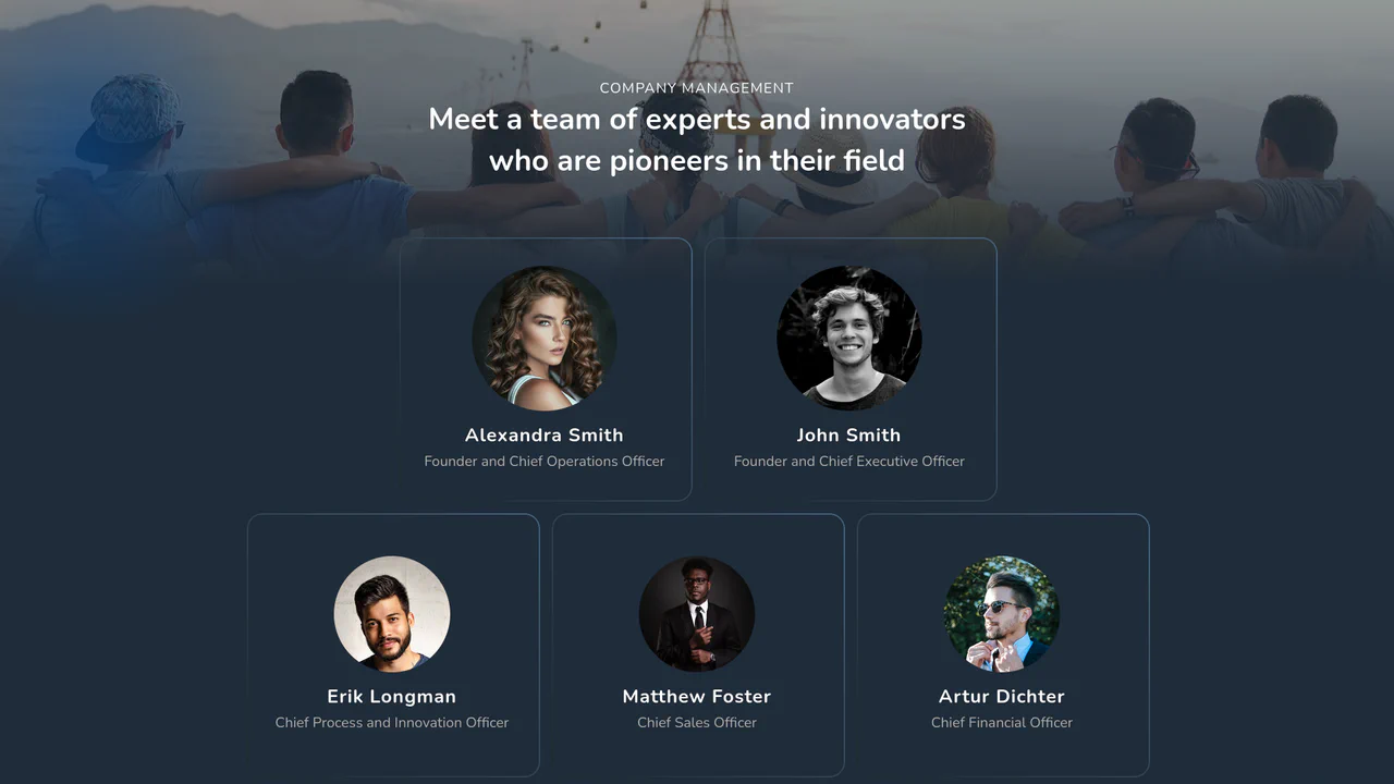 A dark-themed employee profile grid with elegant gradient borders and glowing effects.