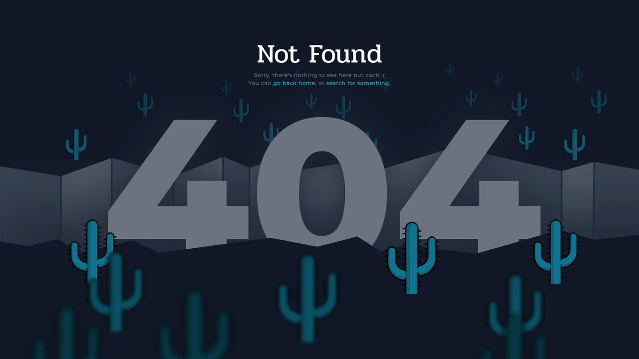 An interactive 404 error page with a multi-layered parallax desert scene that moves with the cursor.