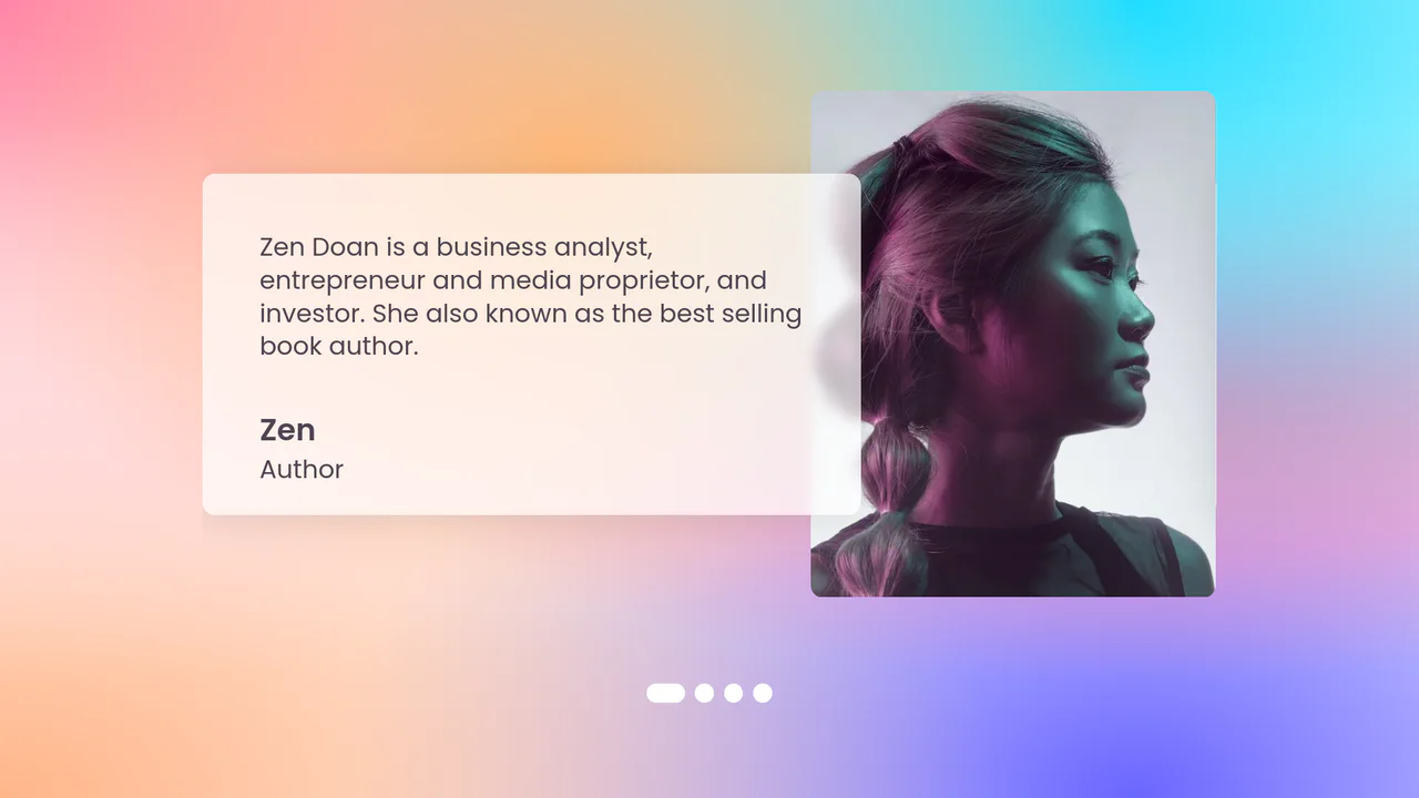 A testimonial slider with glassmorphism cards that glide smoothly upon navigation.