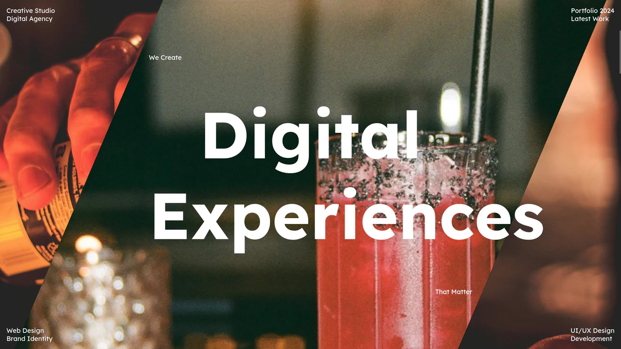 A full-screen image slider where images transition with a diagonal wipe effect as the user scrolls.