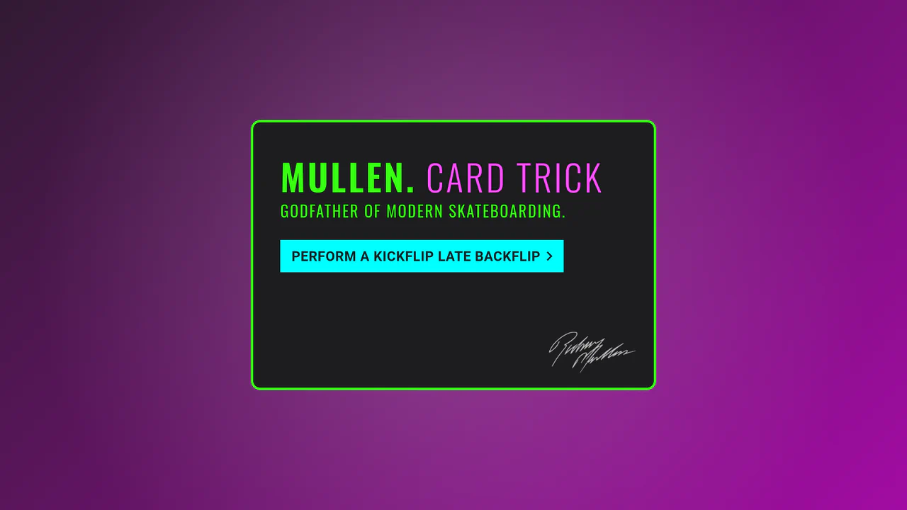 An interactive 3D card that performs skateboarding tricks like a Kickflip when interacted with.