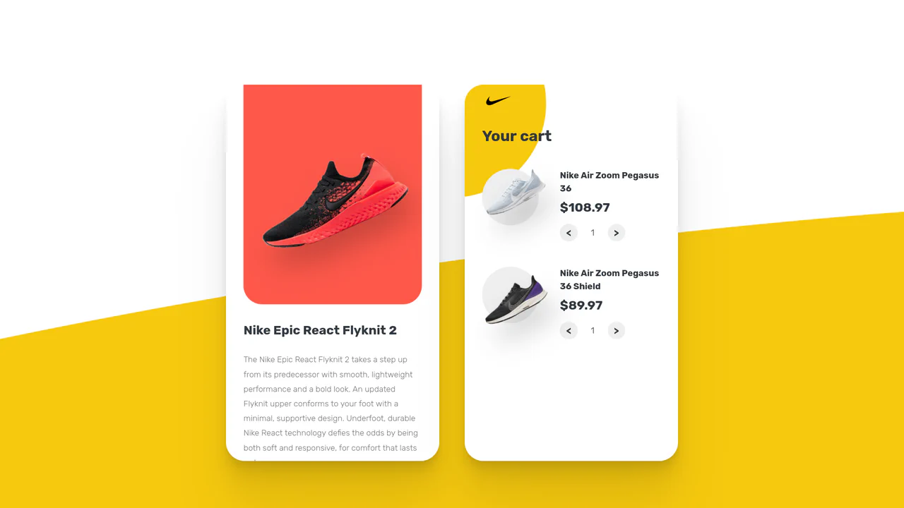 Two side-by-side mobile app screens: one showing a list of shoes with Add to Cart buttons, the other displaying the cart contents with item controls