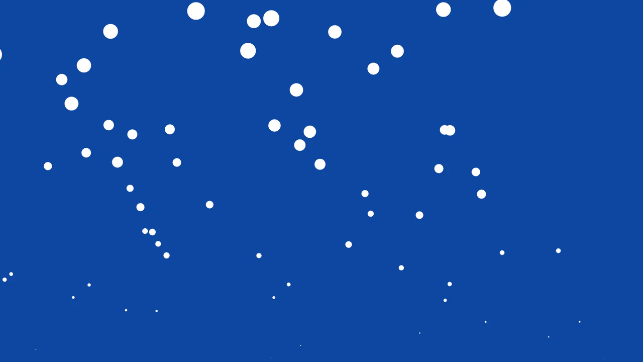 Full-screen blue background with white circular particles rising from the bottom and popping, created with tsParticles