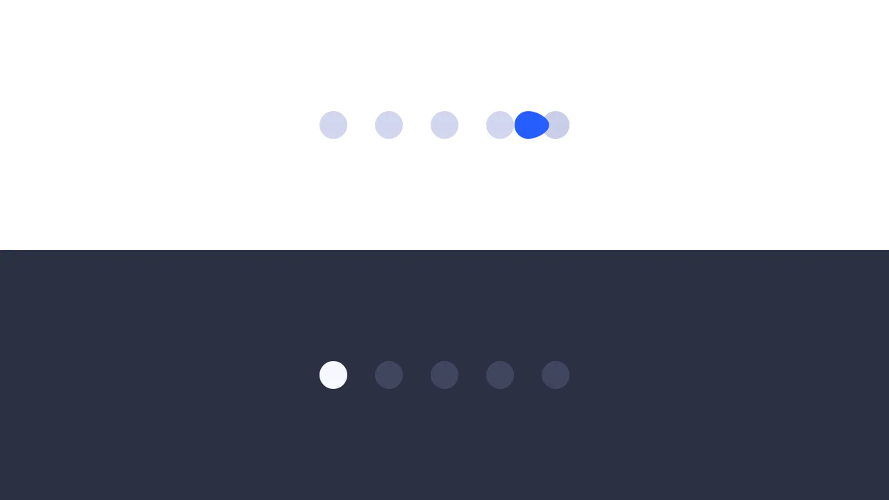 Dark mode pagination UI with an active blue dot stretching elastically towards the next item, demonstrating GSAP SVG morphing mechanics