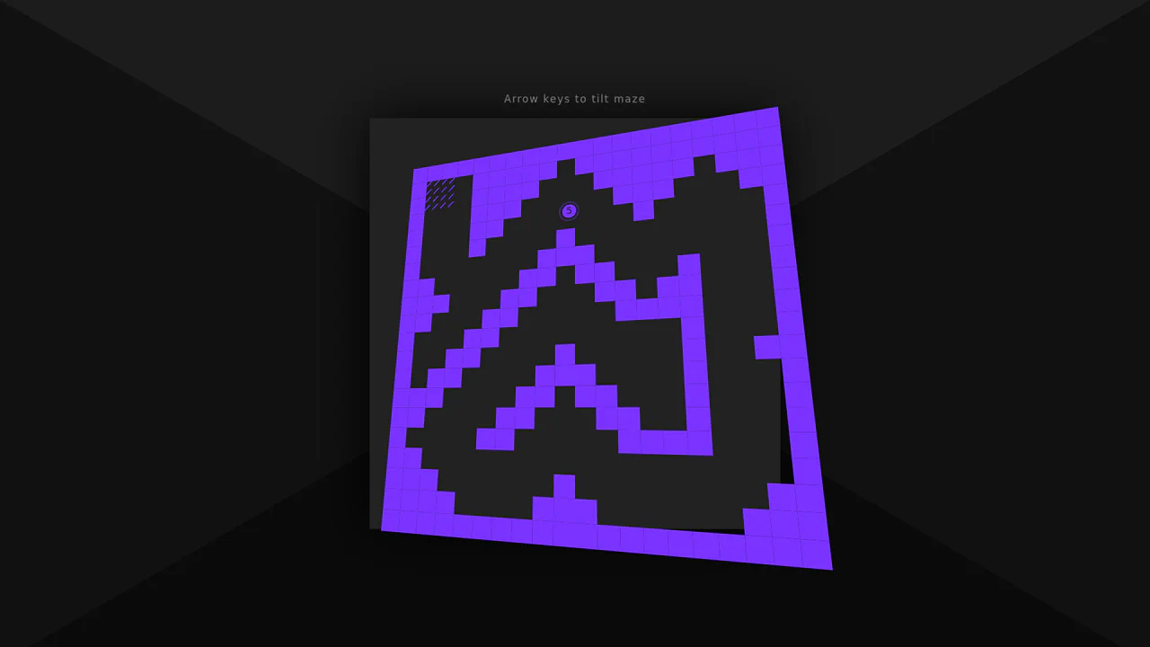 Dark themed 3D labyrinth view from above with a glowing ball and neon-colored walls tilting based on keyboard input