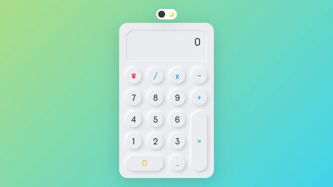 Soft gray calculator interface with rounded buttons and a toggle switch; one state shows light mode, the other shows dark mode with neon accents