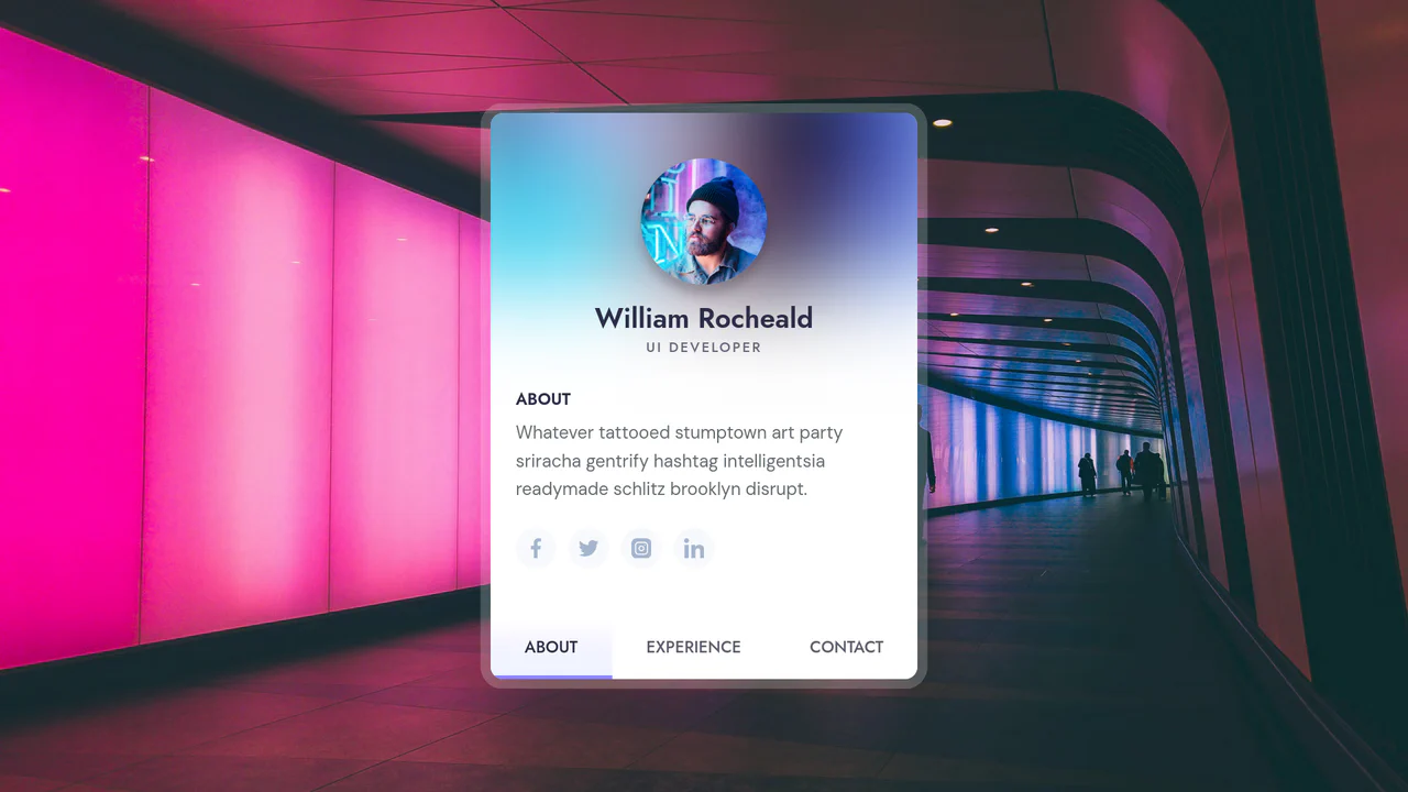 Compact white profile card with a user avatar and three navigation tabs (About, Experience, Contact) showing active content in a clean layout