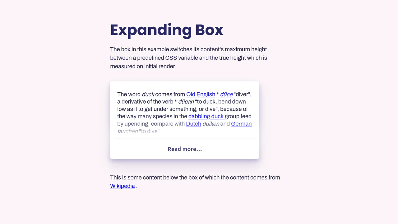 White card with truncated text about ducks and a 'Read more' button; when expanded, it reveals the full article with a smooth height transition