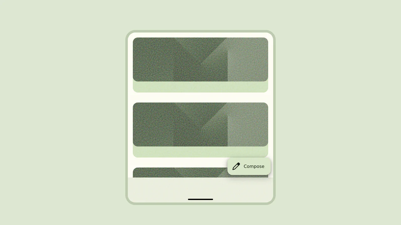 A mobile app interface mockup showing a rounded 'Compose' button in the bottom right corner; on click, it expands to fill the screen