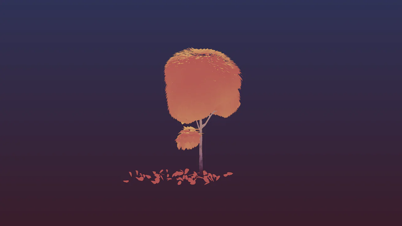 A stylized 3D autumn tree with glowing red and yellow leaves that fall and flutter to the ground when the mouse hovers over them