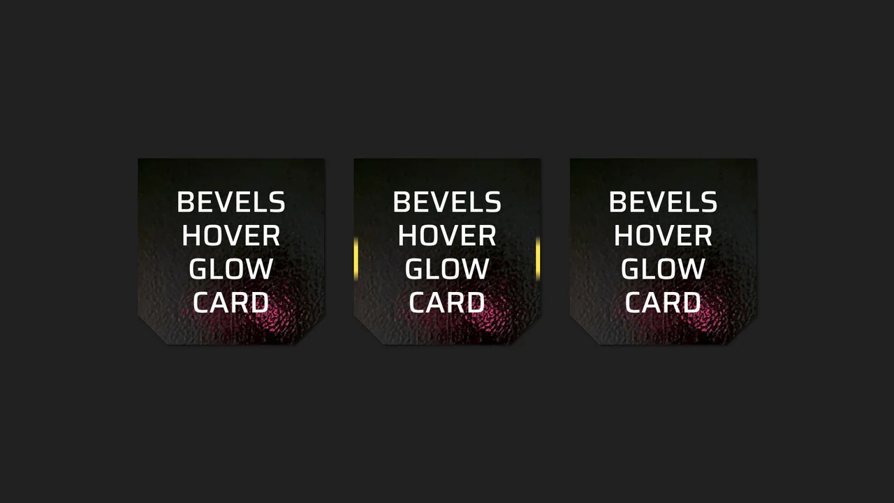 Dark UI cards with angled bottom corners and a passing light beam effect on the border, demonstrating CSS corner-shape.