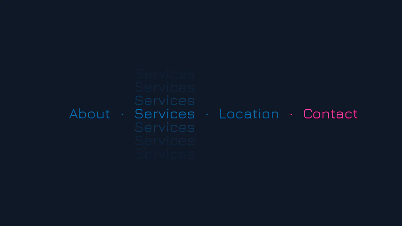 Minimalist navigation menu where the active link 'About' projects a vertical column of fading duplicate text shadows above and below it.