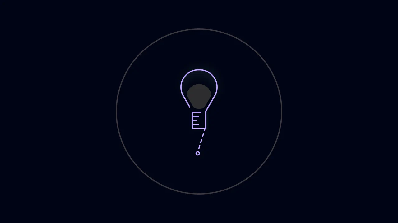 Minimalist geometric light bulb illustration with a hanging pull cord that triggers a background color change from white to dark blue.