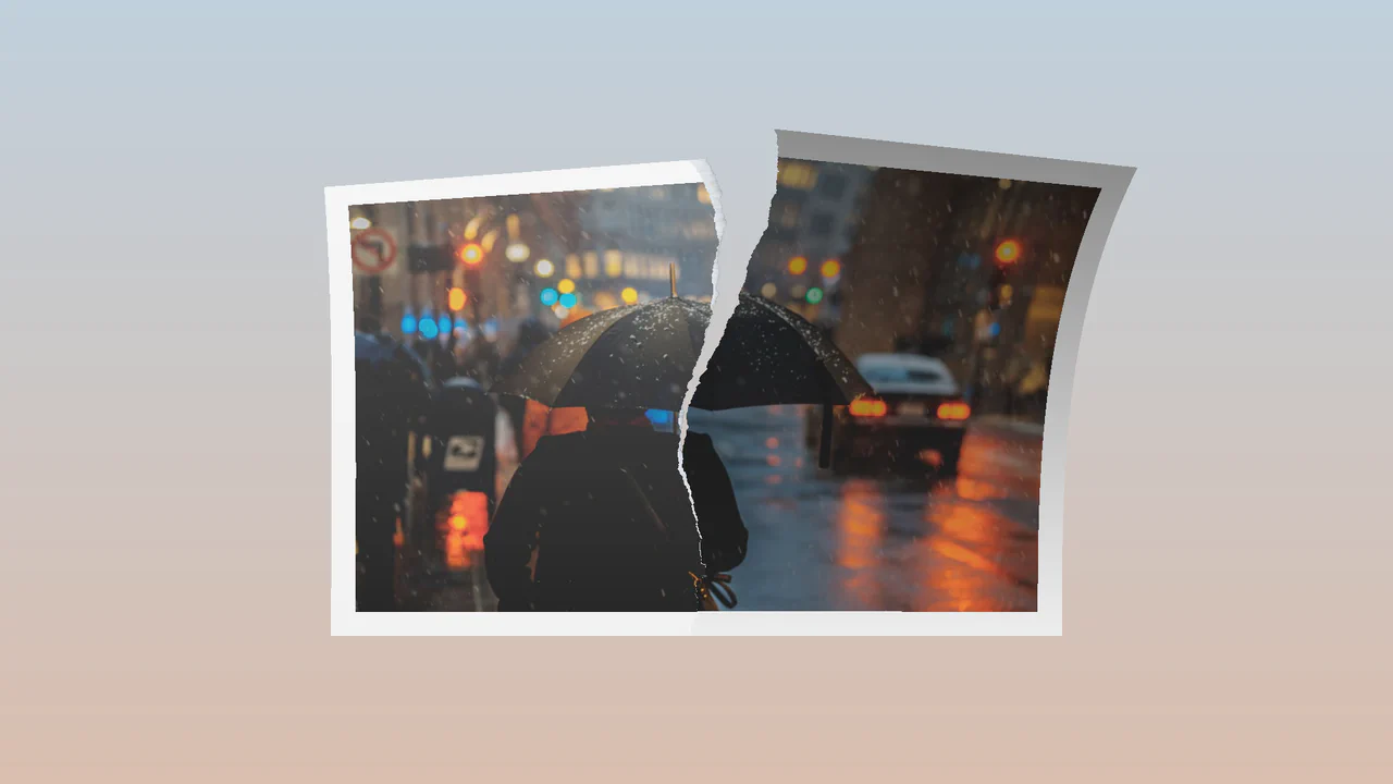 A digital photo of a serene landscape being physically torn in half from top to bottom, revealing another photo underneath, rendered in 3D.