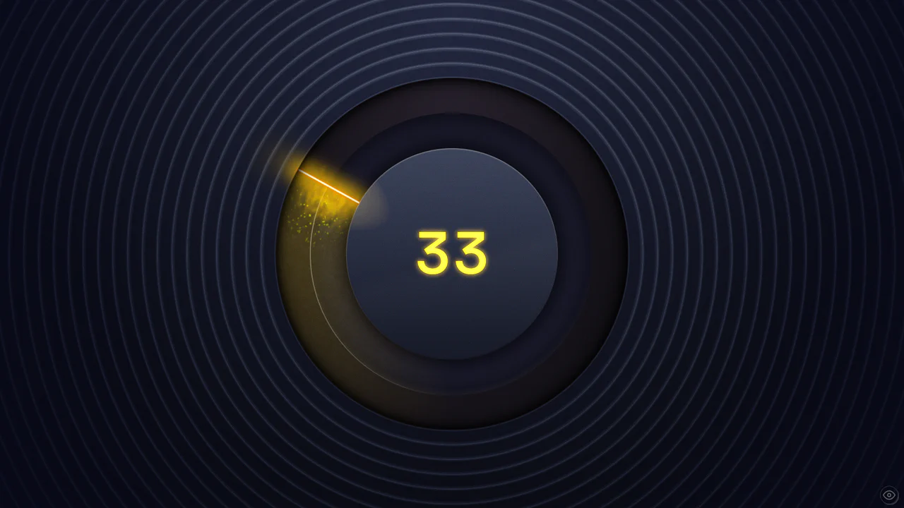 Dark, glassmorphic circular knob with an intense orange inner glow, particle effects emitting from the bottom, and a digital value display in the center.