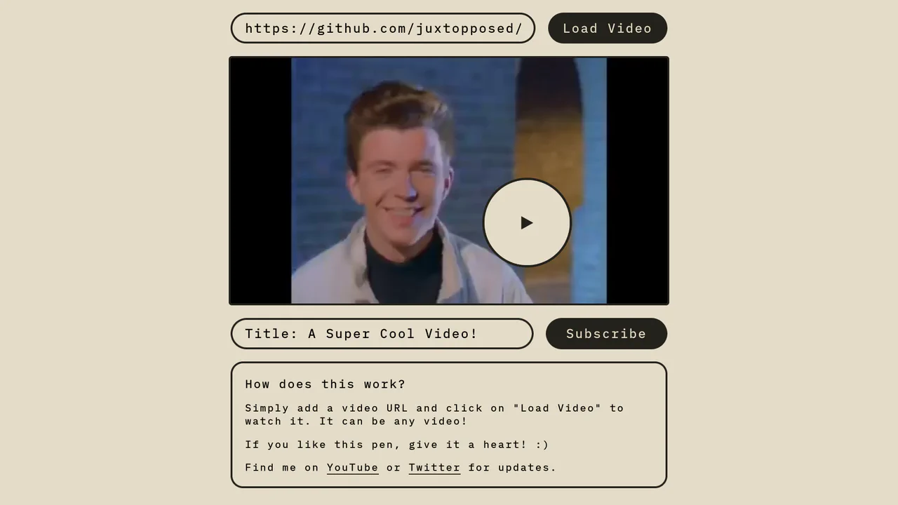 Custom video player with a magnetic circular play button tracking the mouse cursor over a cream-colored interface.