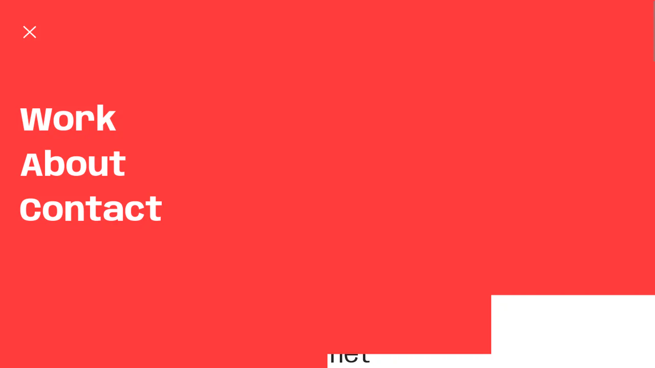 Full-screen red navigation menu revealing through four vertical staggered panels using CSS clip-path and GSAP.