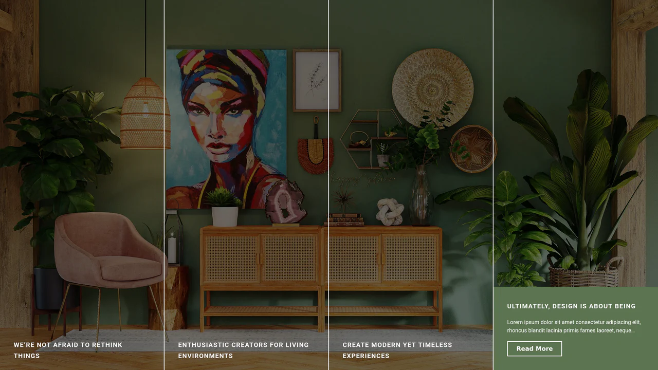 Full-screen dark UI with a 4-column grid menu; hovering an item reveals a background image, clicking opens a detailed content panel with staggered animation