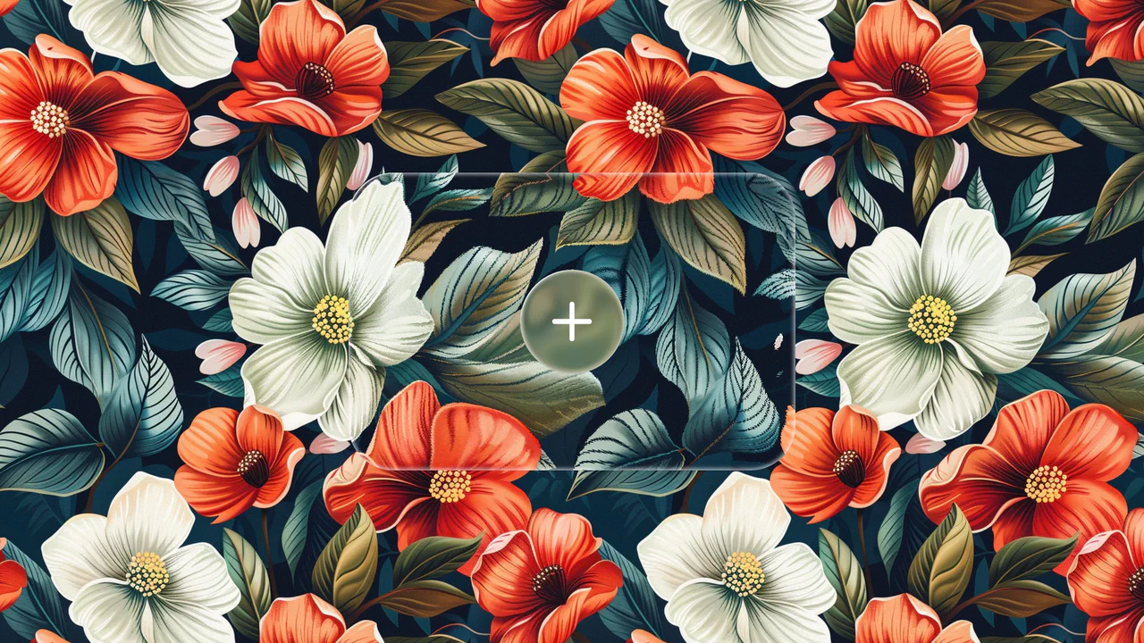 A moving floral background visible through a glass-like container that distorts the image with a liquid ripple effect.