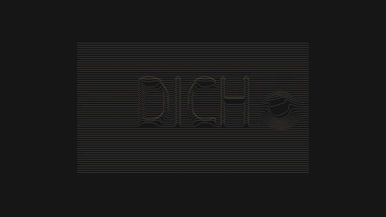 Dark background with horizontal beige lines that ripple like water. The lines deform to spell the word 'DICH' in 3D relief.