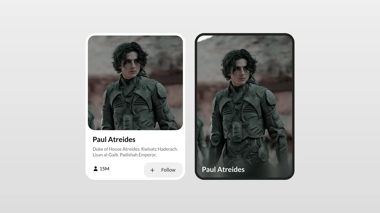 Two profile cards (light and dark mode) showing a character portrait. On hover, the image shrinks to a square, revealing the name, bio, and follow button below.