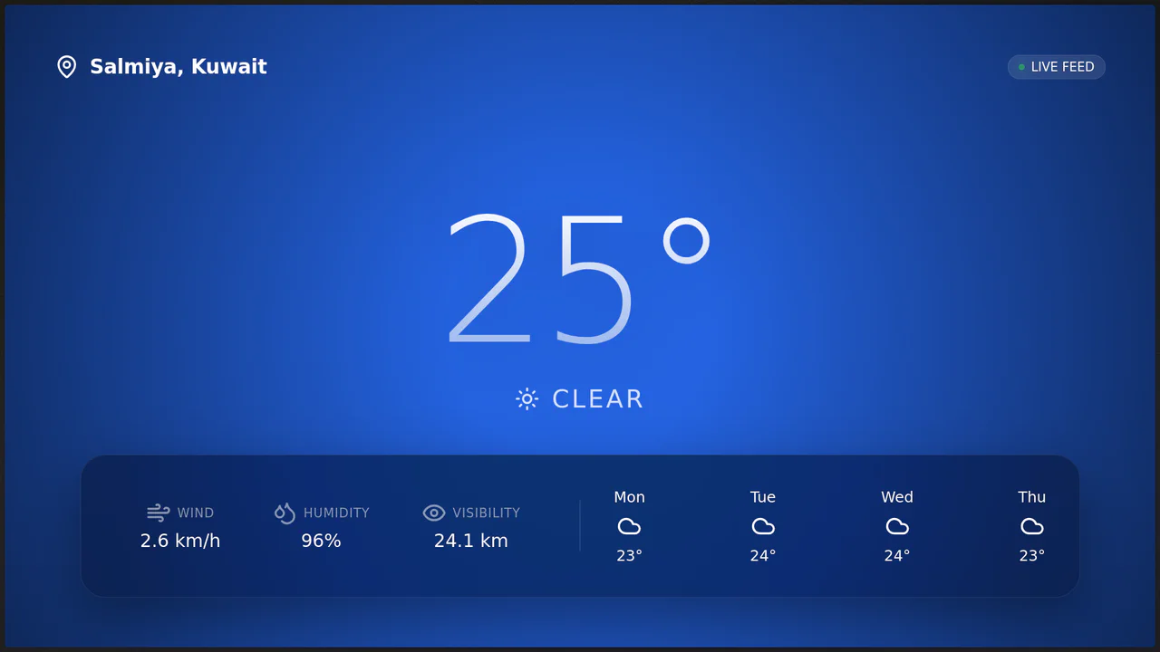 Dark UI showing current temperature and weather conditions overlaid on a 3D animated background with clouds and subtle parallax movement