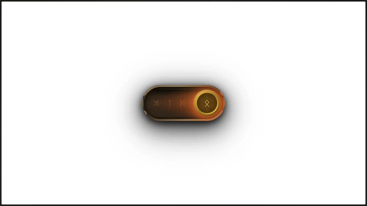 A richly detailed wooden toggle switch with bronze inlays. When off, it shows dim runes. When on, it glows with fire effects and floating embers.