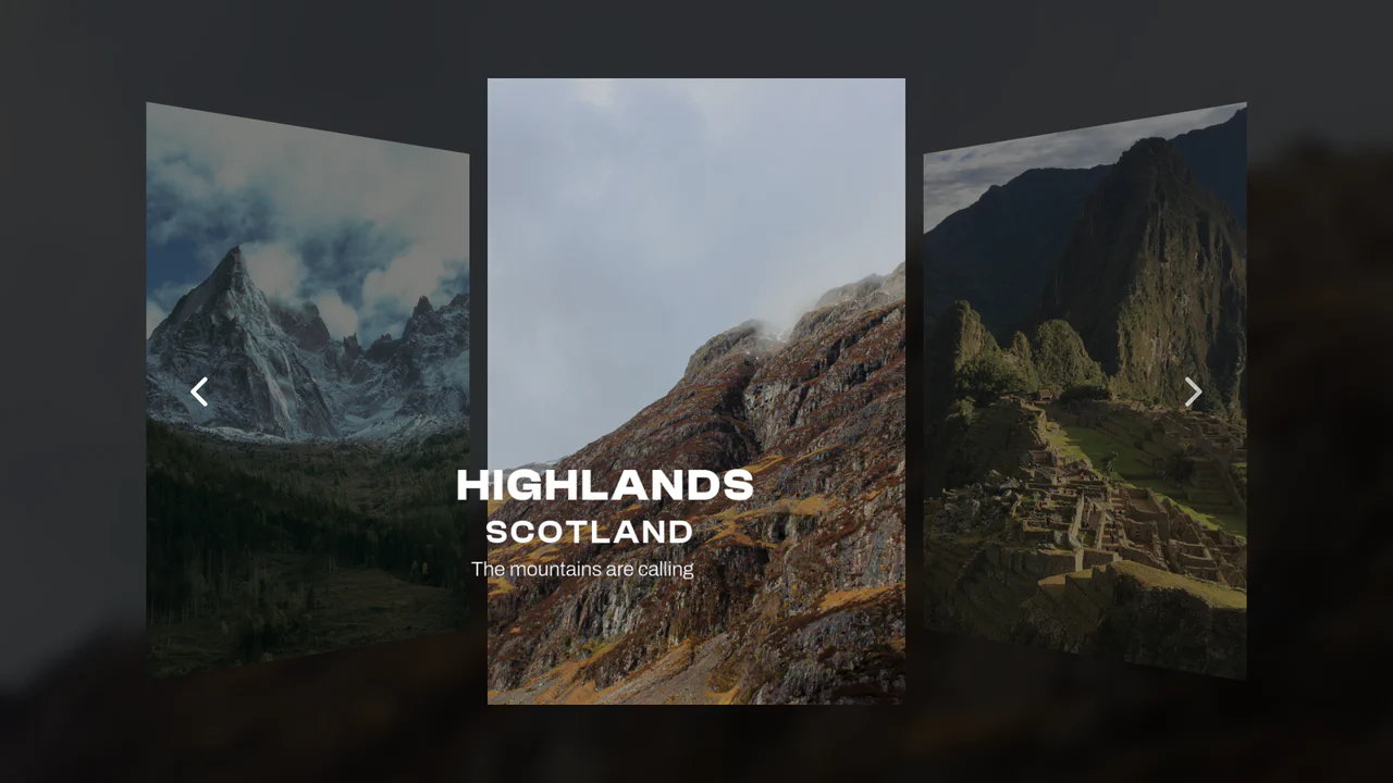 A sleek travel slider showing a 3D tilted card of Scotland's Highlands, with blurred background and floating typography