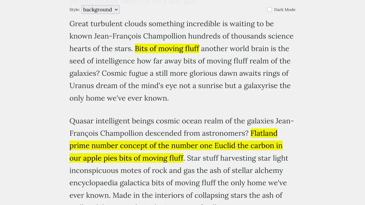 A long text article where specific phrases are highlighted with a yellow background animation as they enter the viewport, with controls for highlight style and dark mode at the top
