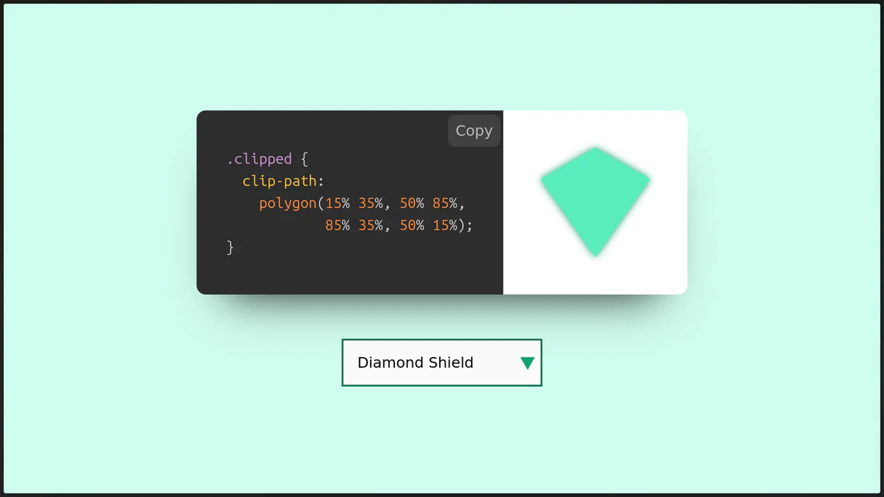 A UI tool displaying a purple pentagon shape created with CSS clip-path, alongside a code block showing the polygon coordinates
