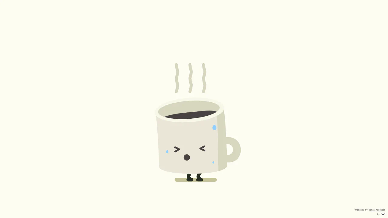 Cartoonish coffee cup character with a face, steam rising, and fluid bouncing animation on a cream background