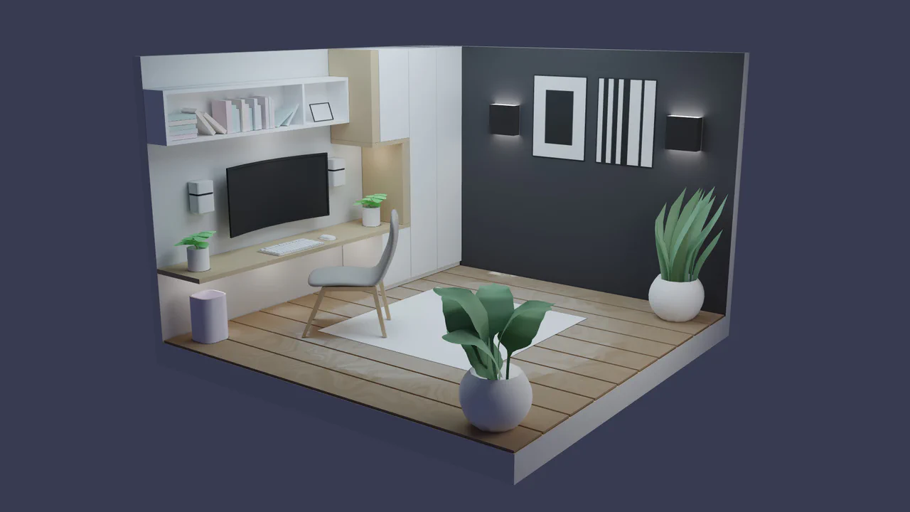 Isometric view of a stylized 3D office room with soft lighting, rendered in a browser using WebGL and baked textures.