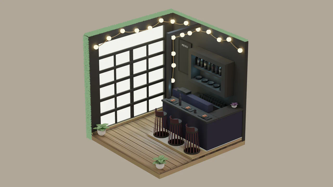 Isometric 3D diorama of a cozy room rendered with Three.js, featuring baked lighting shadows and interactive orbit controls against a beige background.