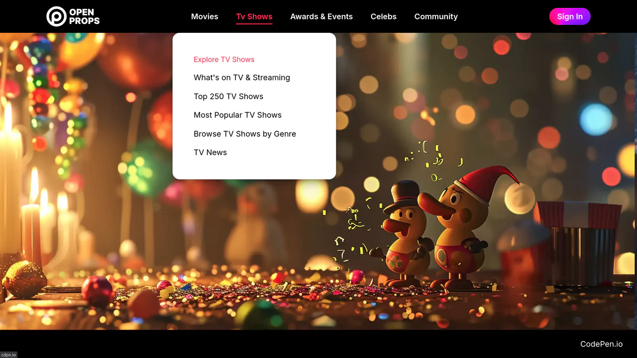Dark themed navigation bar with a yellow-accented mega menu expanded, showing movie categories over a carousel background of film posters